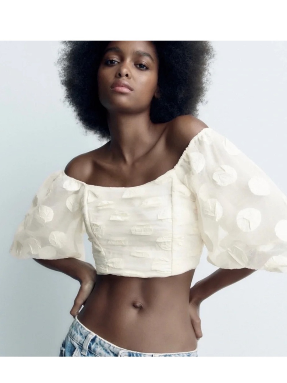 Zara ivory textured polka dot puff sleeve crop top womens L